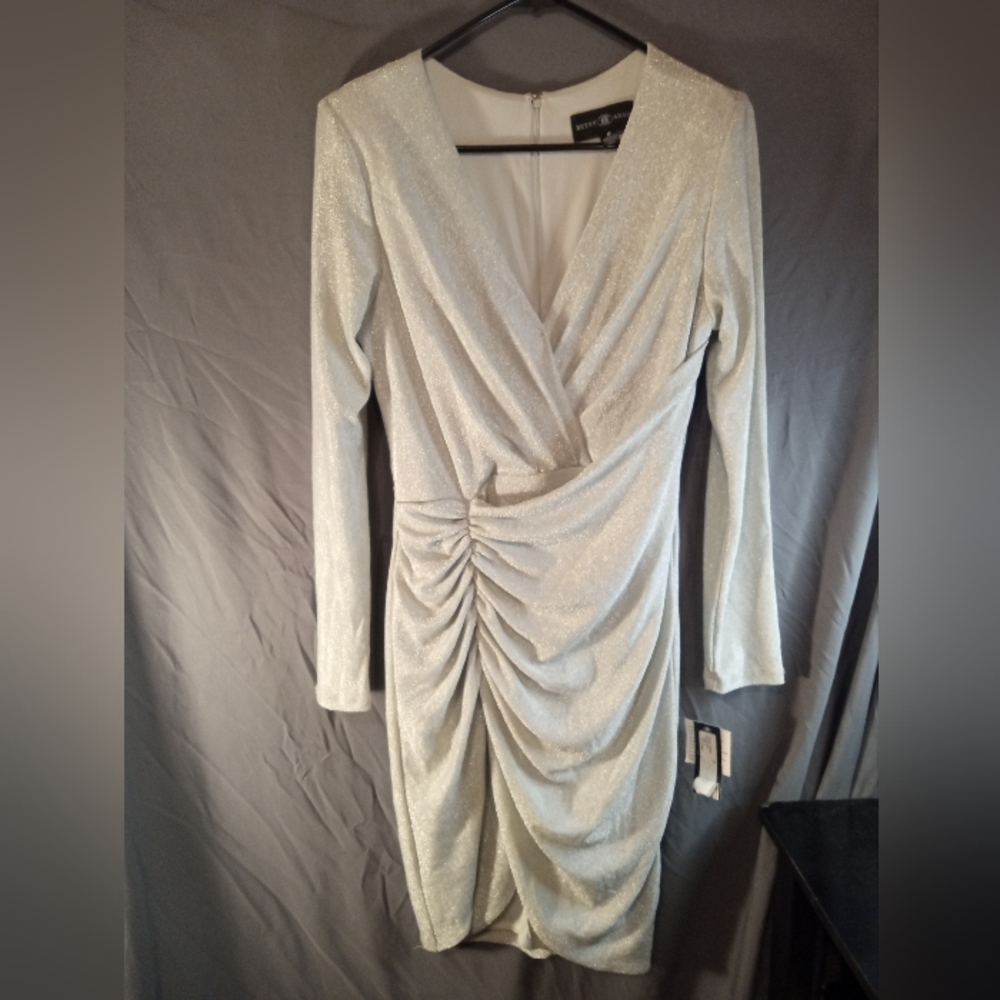 Brand New Betsy Adams Metallic Pleated Runched Silver Long Sleeve Dress